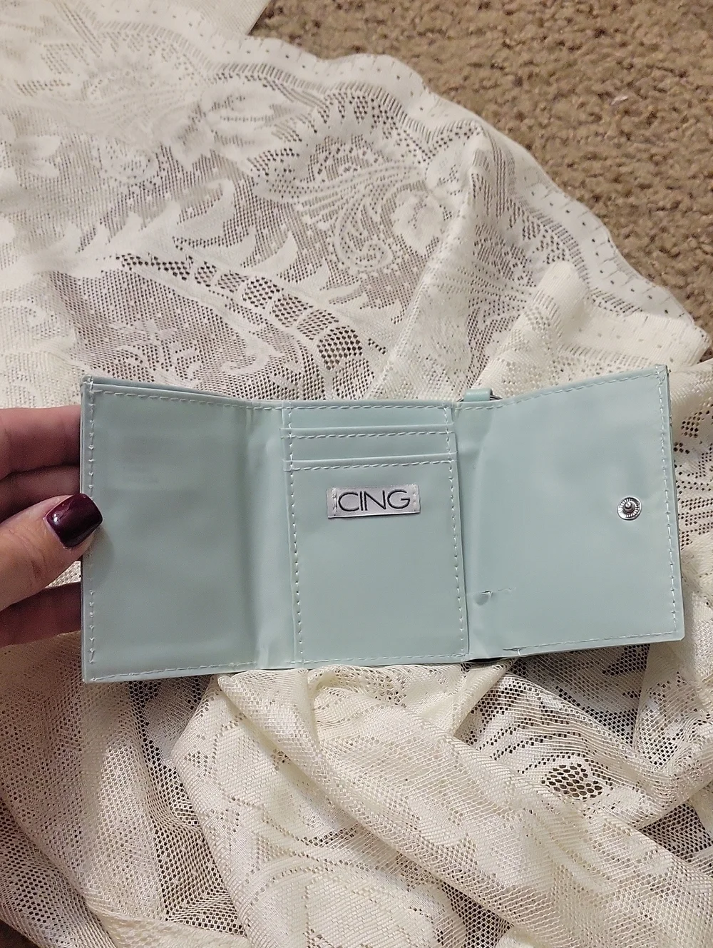 NWT Vintage Compact Mint Bow Accent Wallet with Pearl Charm